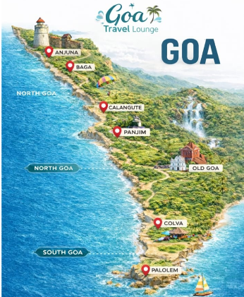 Map of Goa showing North Goa towns Anjuna, Baga, Calangute, Panjim, and South Goa towns Colva and Palolem